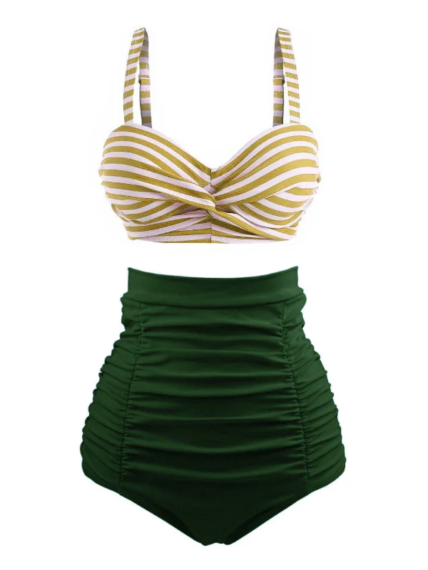 Feminine Soft - Hued Look 1940s Striped Colorblock Vintage Bikini Set