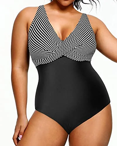 Elegant Clothing Slimming Tummy Control Plus Size Bathing Suits For Women-Black Stripe