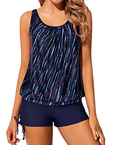 Luxe Women's Fashion Women's Blouson Tankini Swimwear Adjustable Shoulder Straps-Navy Blue