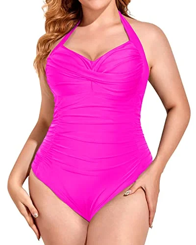 Limited Time Slimming Plus Size Halter Top One Piece Swimsuit For Women-Neon Pink