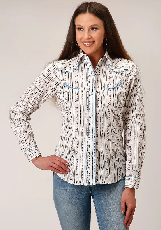 Seasonal Sale Roper Womens Wallpaper Stripe White Cotton Blend L/S Shirt