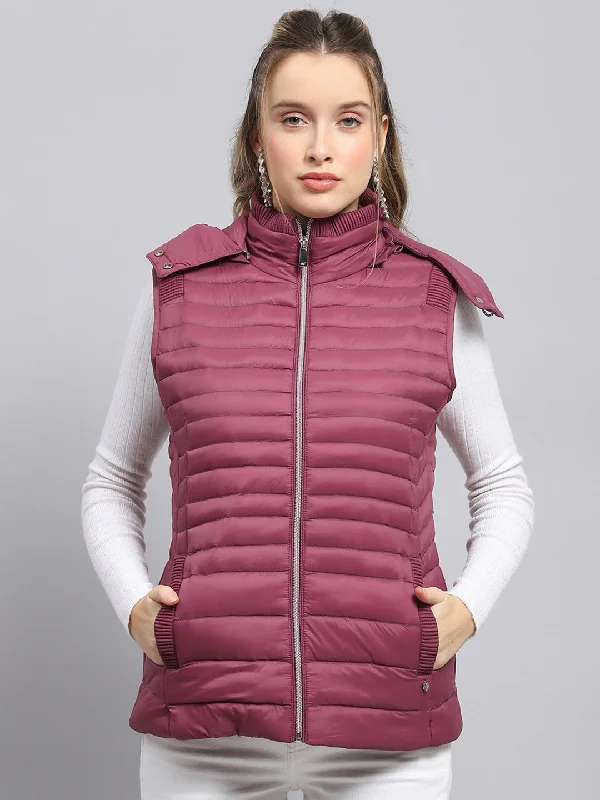 Comfort Meets Fashion Women Burgundy Solid Detachable Hood Sleeveless Jacket