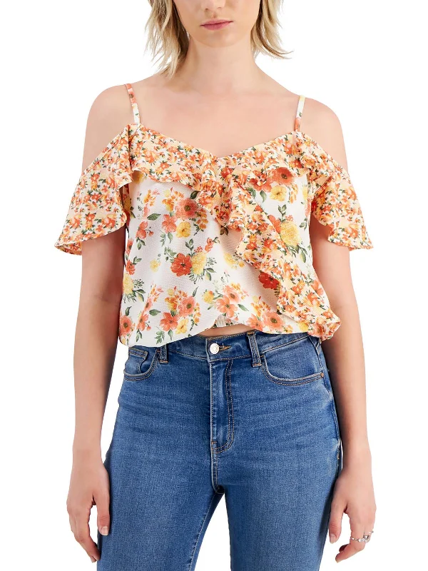 Seasonal Trend Juniors Womens Floral Print Blouse Cold Shoulder