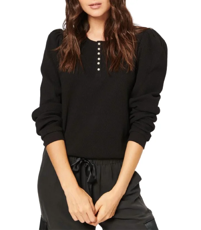 Playful Elegance Leilani Waffle Knit Feminine Henley Top In Black