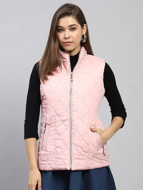 Trendy Aesthetics Women Pink Embroidered Mock Neck Sleeveless Jacket