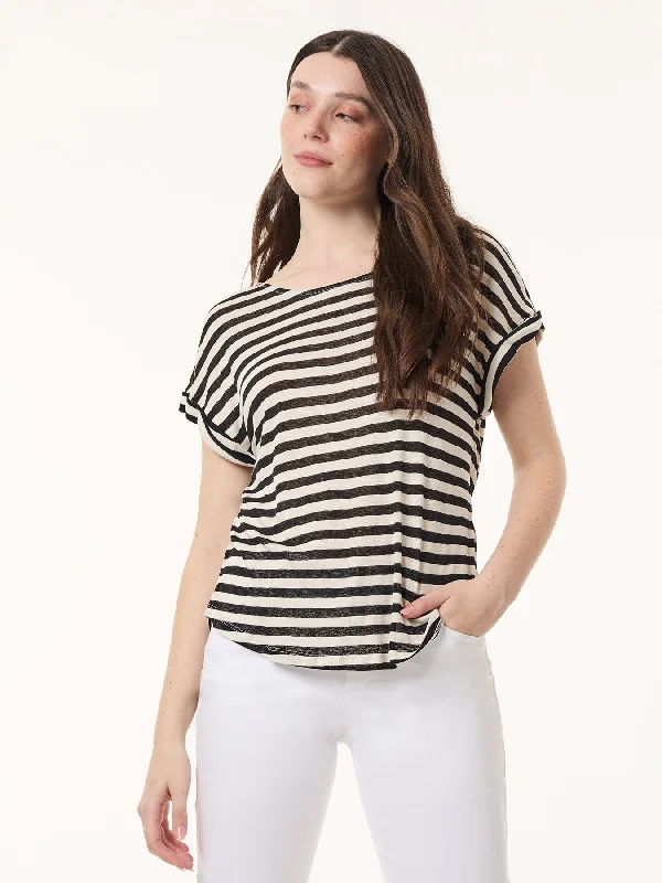 Vibrant Femme Fashion Drop Shoulder Jewel Neck Top, Striped Knit