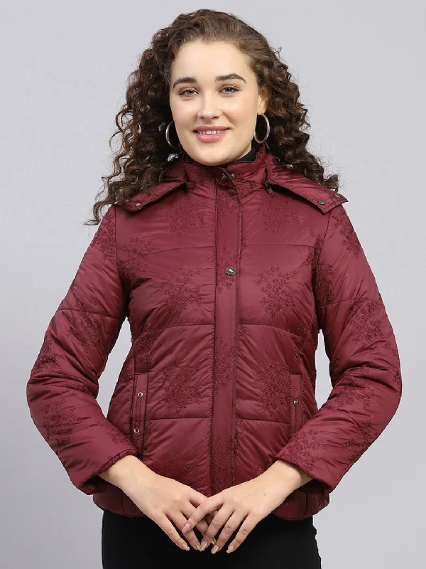 Budget Friendly Women Maroon Embroidered Detachable Hood Full Sleeve Jacket