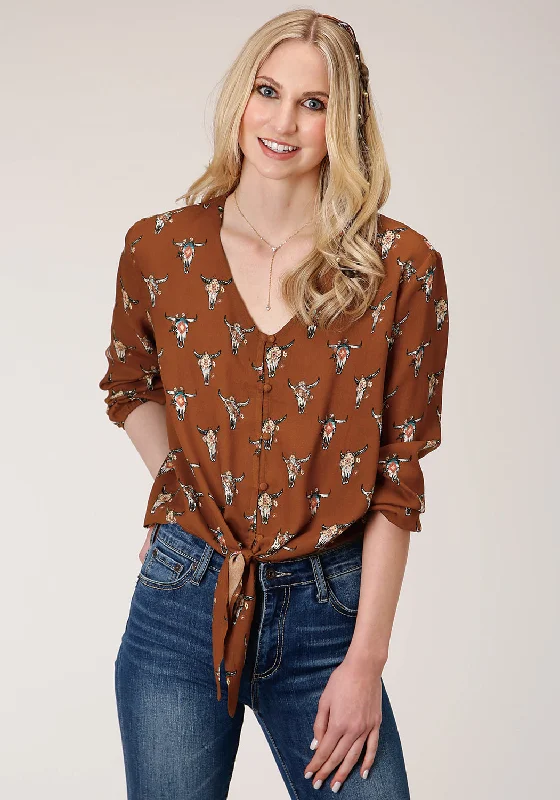 Chic Style Roper Womens Cow Skulls Brown 100% Rayon L/S Blouse