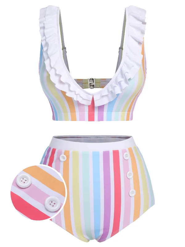 Unbeatable Prices Multicolor 1950s Rainbow Stripes Swimsuit