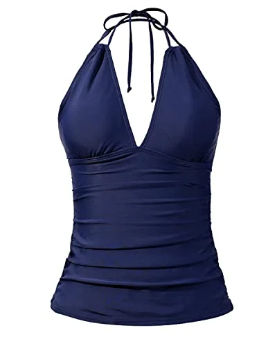 Modern Romance Sexy Deep V Neck Ruched Tankini Tops For Women Swimwear-Navy Blue