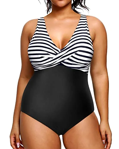 Chic Style, Always In Vogue Plus Size Swimsuit Twist Front Cross Design For Women-Black And White Stripe