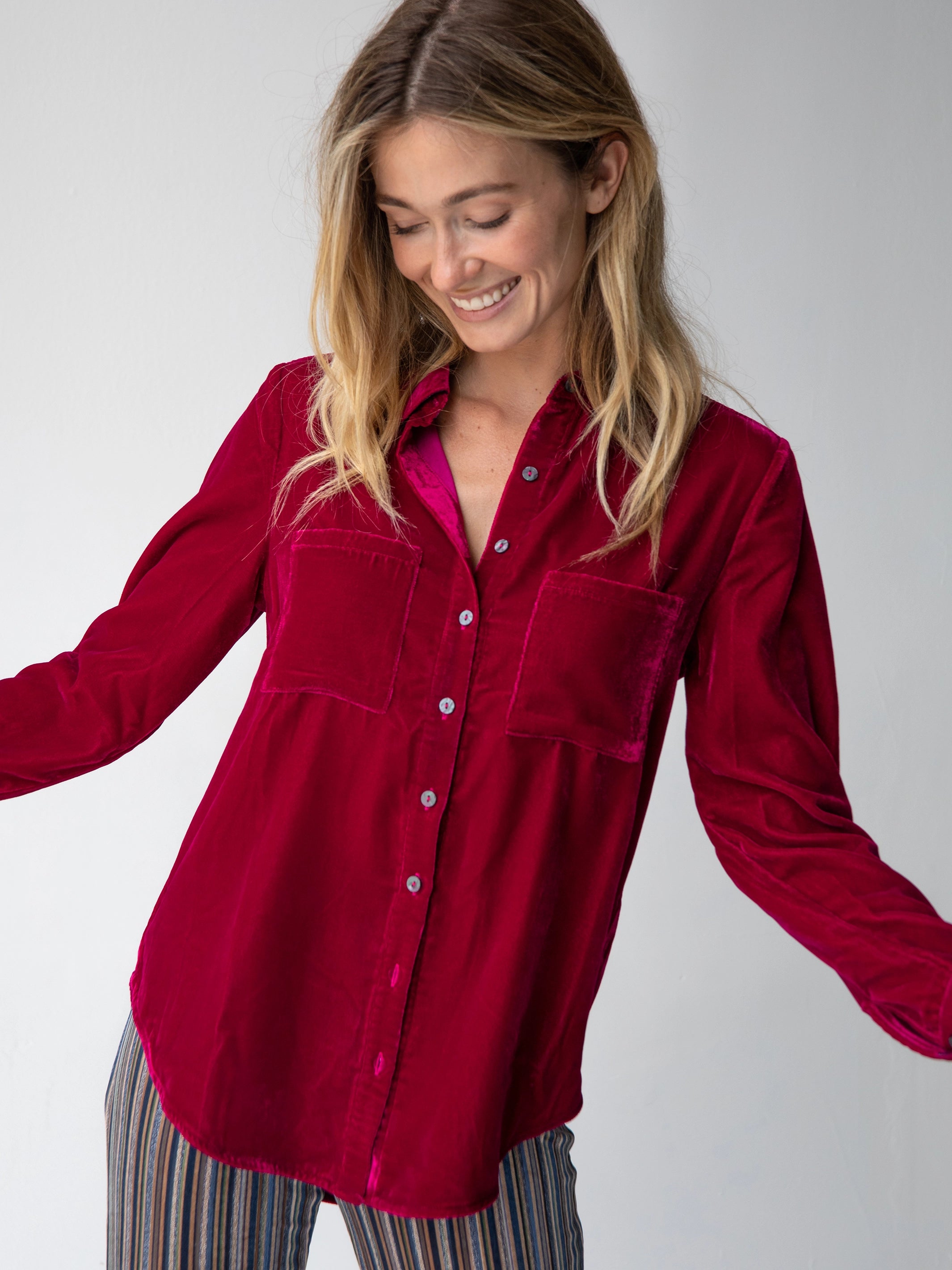 Chic Outfits Rocky Velvet Button Down - Dark Magenta