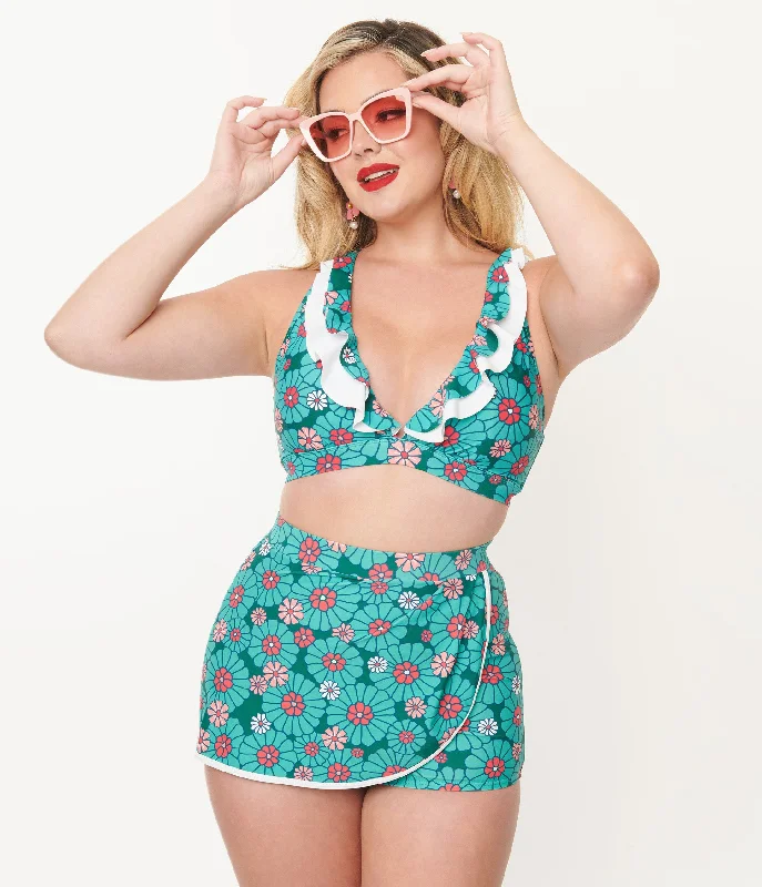 Fashionista Favorites Unique Vintage Teal Flower Child Halter Swim Top