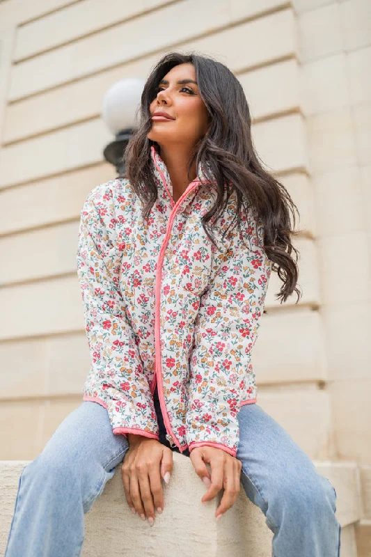 Relaxed Fashion Field Of Florals Ivory and Pink Multi Quilted Floral Jacket