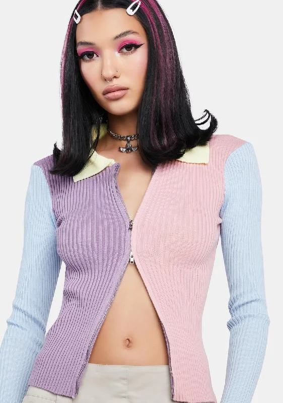 Trendy Clothing Sale Pastel Color Block Zipped Knit Shirt