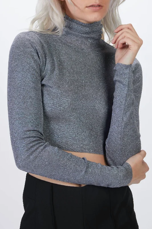 Limited Stock Crop Turtleneck Knit Top In Grey Blue