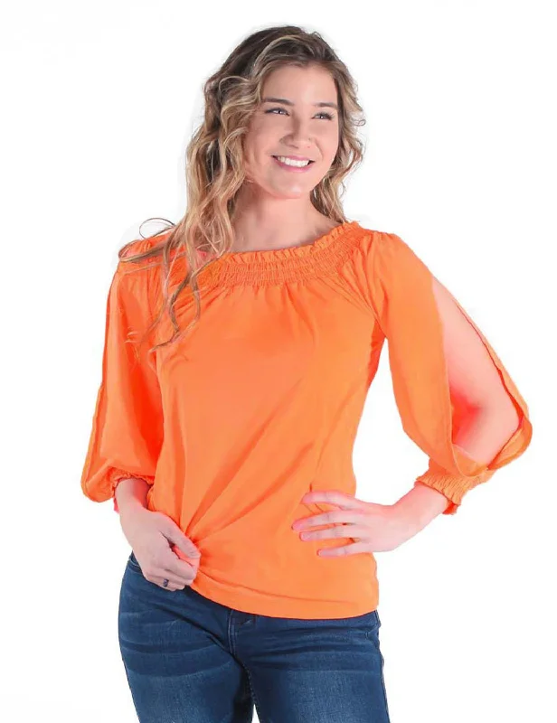 Lighten Up With Nordic Styles Cowgirl Tuff Womens Cooling UPF Off Shoulder Tangerine Nylon L/S Blouse