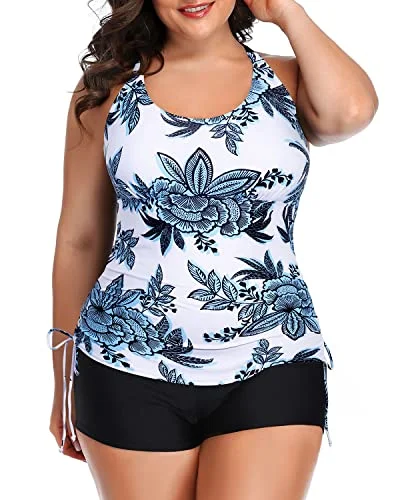 Fashion Sale 2-Piece Plus Size Swimsuit Adjustable Straps Boyleg Shorts-White And Blue Floral