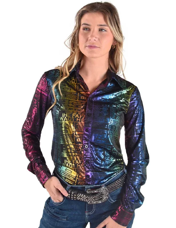 Wardrobe Essentials Cowgirl Tuff Womens Mid-Weight Foil Multi-Color Polyester L/S Shirt