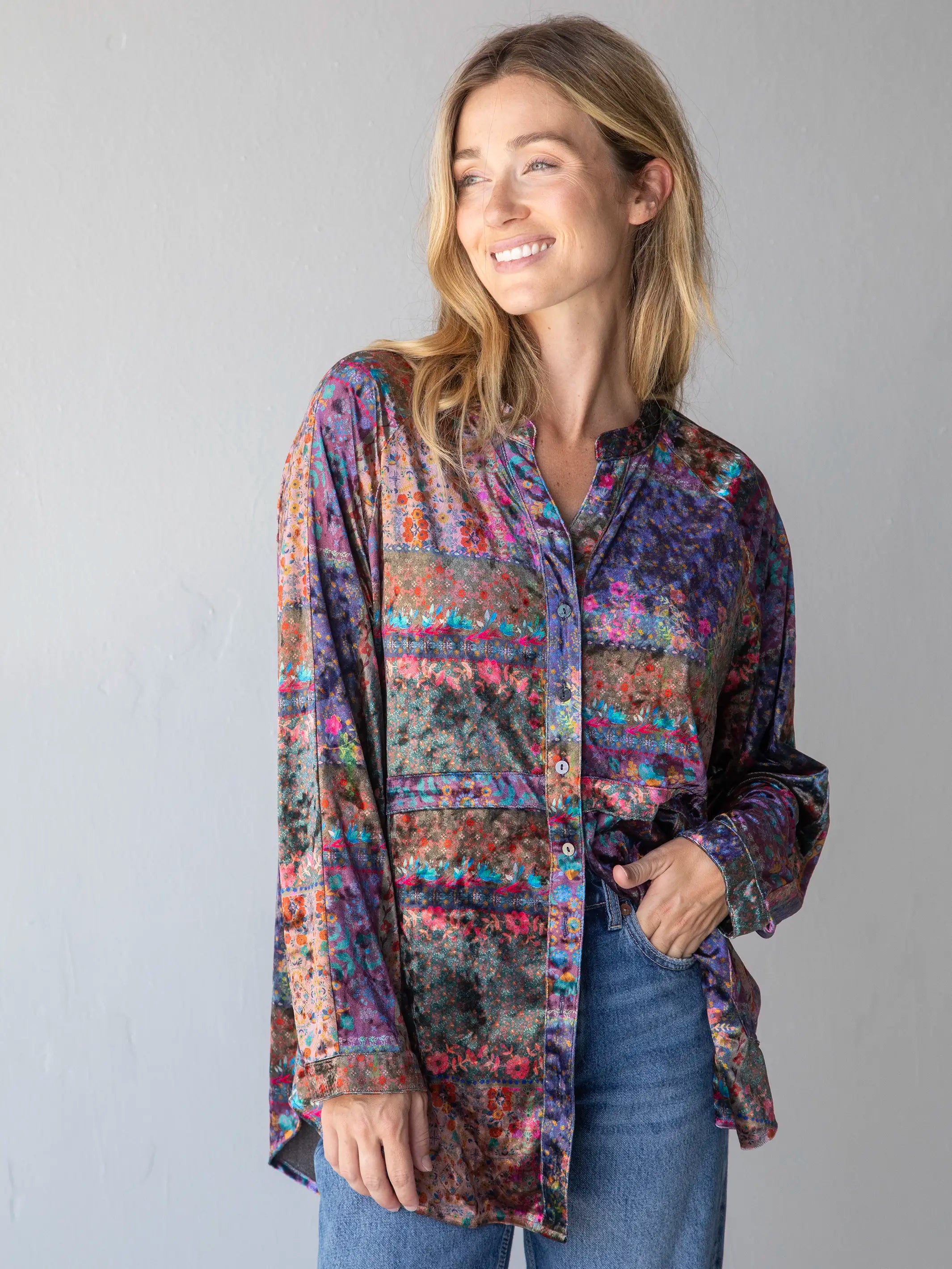 Fashion For Every Occasion Laid Back Velvet Button Down - Vintage Patchwork