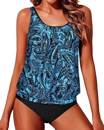 Bold Patterns Modest Bathing Suits Loose Fit Blouson Tankini Swimsuits For Women-Blue Paisley