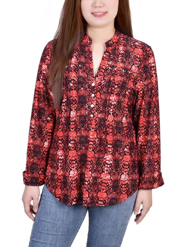 Fashion Essentials Petites Womens Plaid Knit Blouse