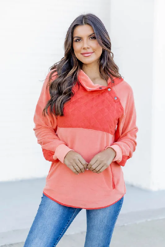 Best Seller Hiding In Plain Sight Asymmetrical Orange And Coral Sherpa Pullover FINAL SALE