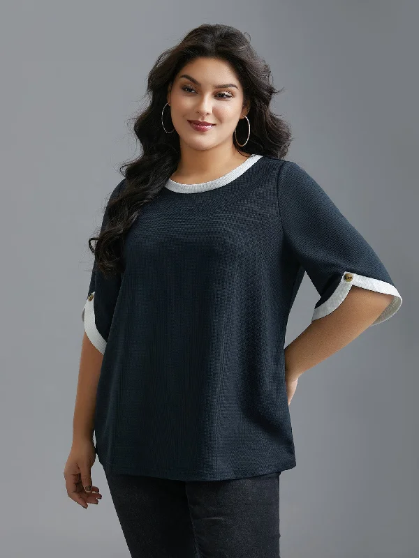 Special Offers, Don't Miss Color Contrast Waffle Knit Bell Sleeve T-Shirt