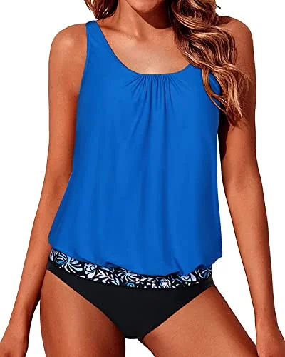 Contemporary Elegance Loose Fit Swimwear Blouson Tankini For Women-Bright Blue And Black Floral