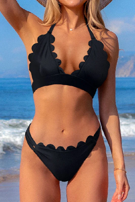 Holiday Sale Fashion Solid Scalloped Patchwork Halter Neck Knot Bikini Set