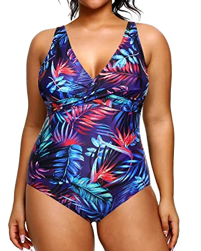 Women's Urban Fashion Twist Front Cross Plus Size Swimsuit For Women Slimming Bathing Suit-Blue Leaves