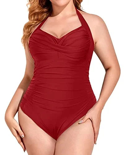 Comfortable Chic Removable Padded Bra Plus Size Slimming One Piece Swimsuit-Red