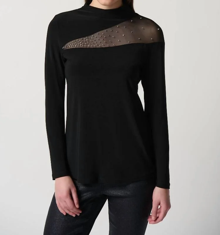 End of Season Sale Silky Knit Top With Embellished Mesh Insert In Black