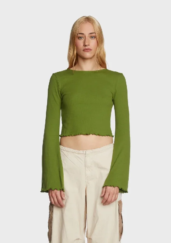 Feminine Soft - Hued Look Flute Long Sleeve Crop Top - Green