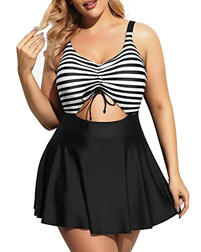 Business Casual Outfits V Neck Swimdress Cutout Bathing Suits For Women-Black And White Stripe