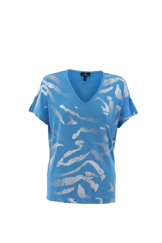 Embrace New Fashion Brushstrokes V-Neck Knit Top In Blue/silver