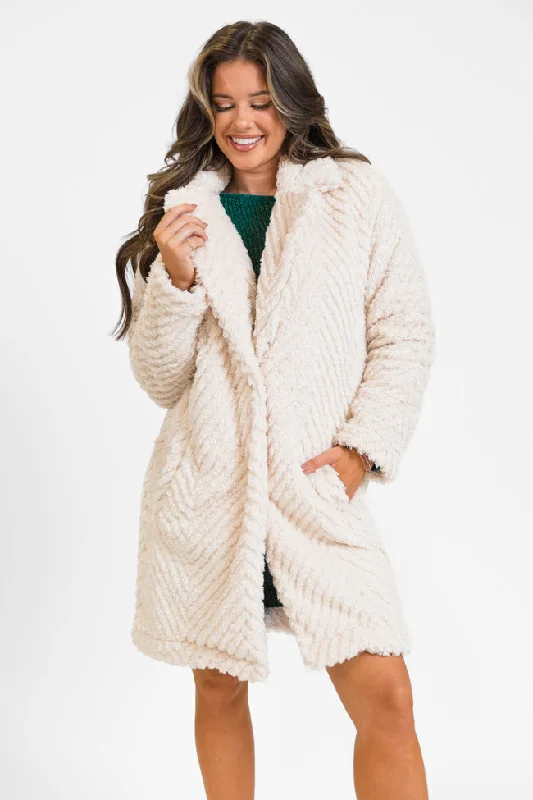 Bold Fashion Meet Me At The Plaza Beige Herringbone Fur Coat FINAL SALE