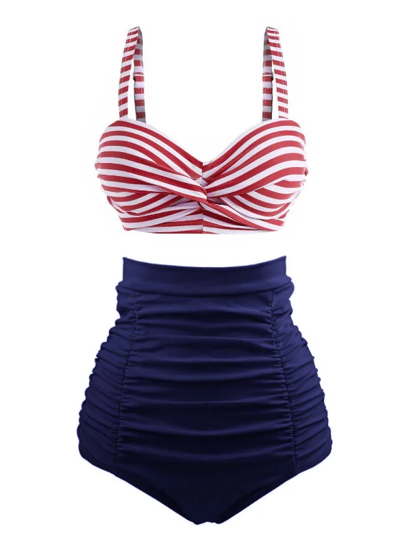 Quality Driven Apparel 1950s Striped Colorblock Retro Bikini Set