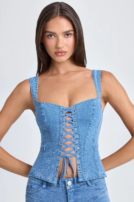 Holiday Attire Sale Lace-Up Corset Top in Mid Blue Stonewash