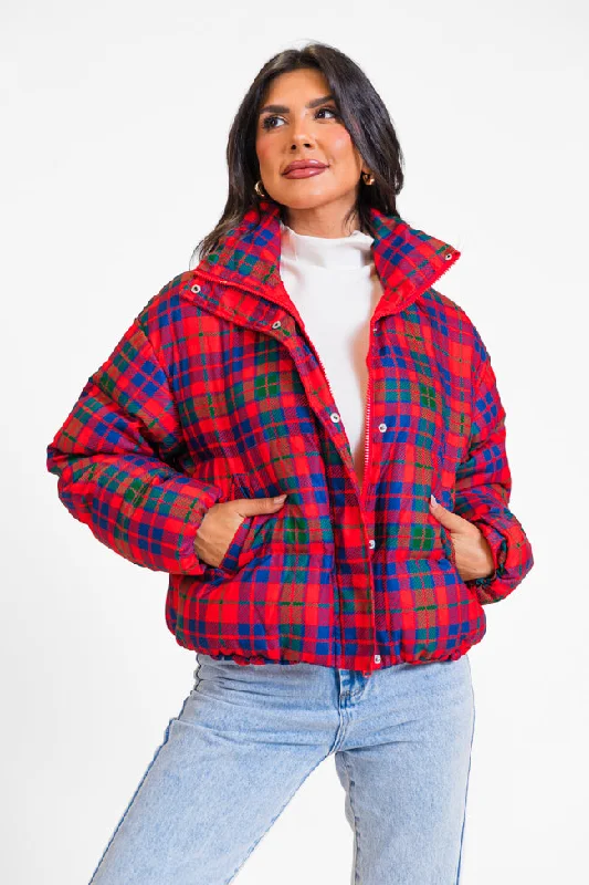 Relaxed Style Puff It Up Red Plaid Puffer Jacket