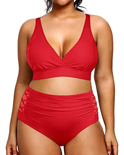 Limited Time Offer High Waisted Lattice Mesh Inset Plus Size Bathing Suits For Curvy Women-Red