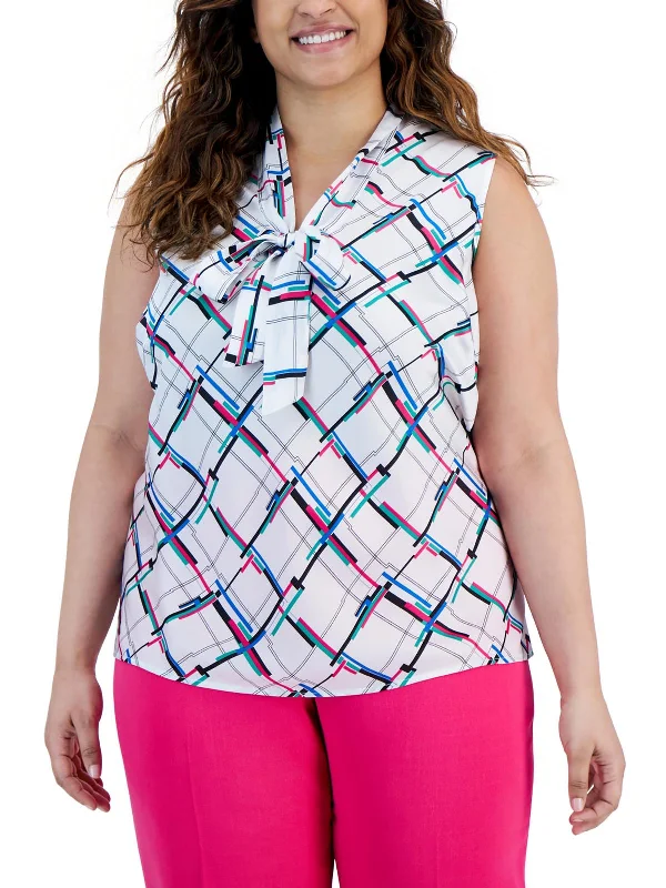 Eclectic Style Wardrobe Plus Womens Geometric Tie-Neck Blouse