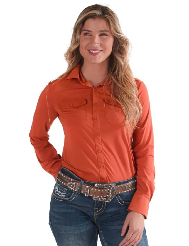 Wardrobe Update Cowgirl Tuff Womens Cooling Pullover Button Up Rust Nylon L/S Shirt