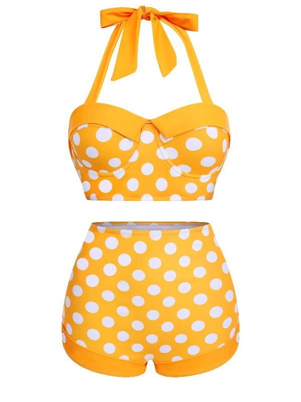 Colorful Clothing Yellow 1950s Polka Dots Halter Bikini Set