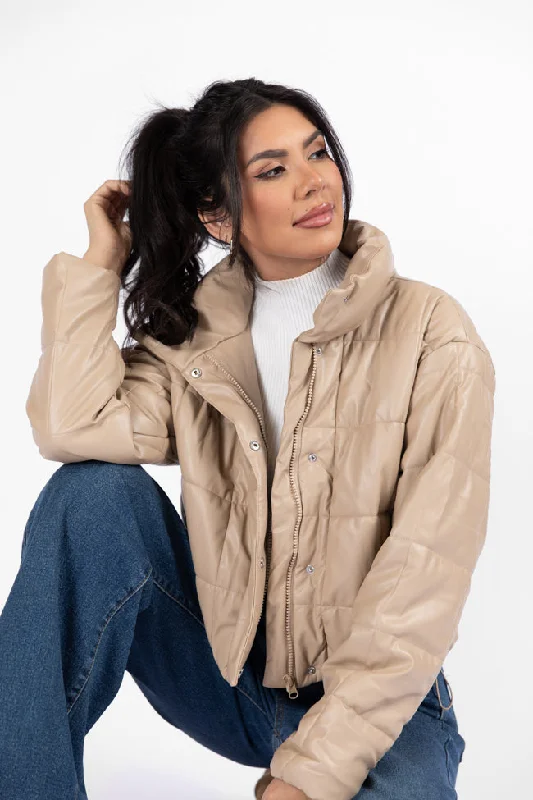 Style Upgrade Things Take Time Khaki Faux Leather Puffer Jacket FINAL SALE