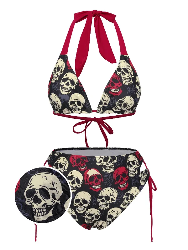 Unleash Your Trend Driven Style Multicolor 1950s Skull Halter Swimsuit