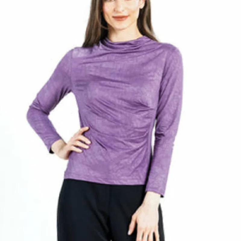 New In This Season Crushed Silk Knit - Draped Neck Side Ruched Top In Plum