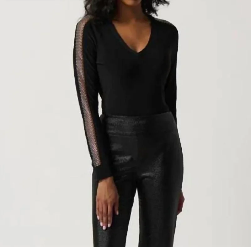 Seasonal Sale Silky Knit Top With Mesh Inserts In Black