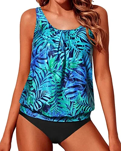 Sophisticated Cut Two Piece Blouson Tankini Swimsuits for Women Loose Fit Swimwear