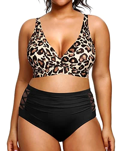 Trendy Pulse 2 Piece Plus Size Bikini High Waisted Swimsuits Tummy Control Swimwear-Black And Leopard